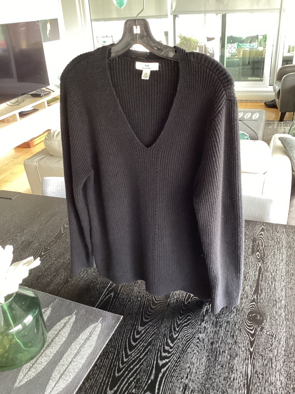 Halston Heritage Black Ribbed V-Neck Sweater